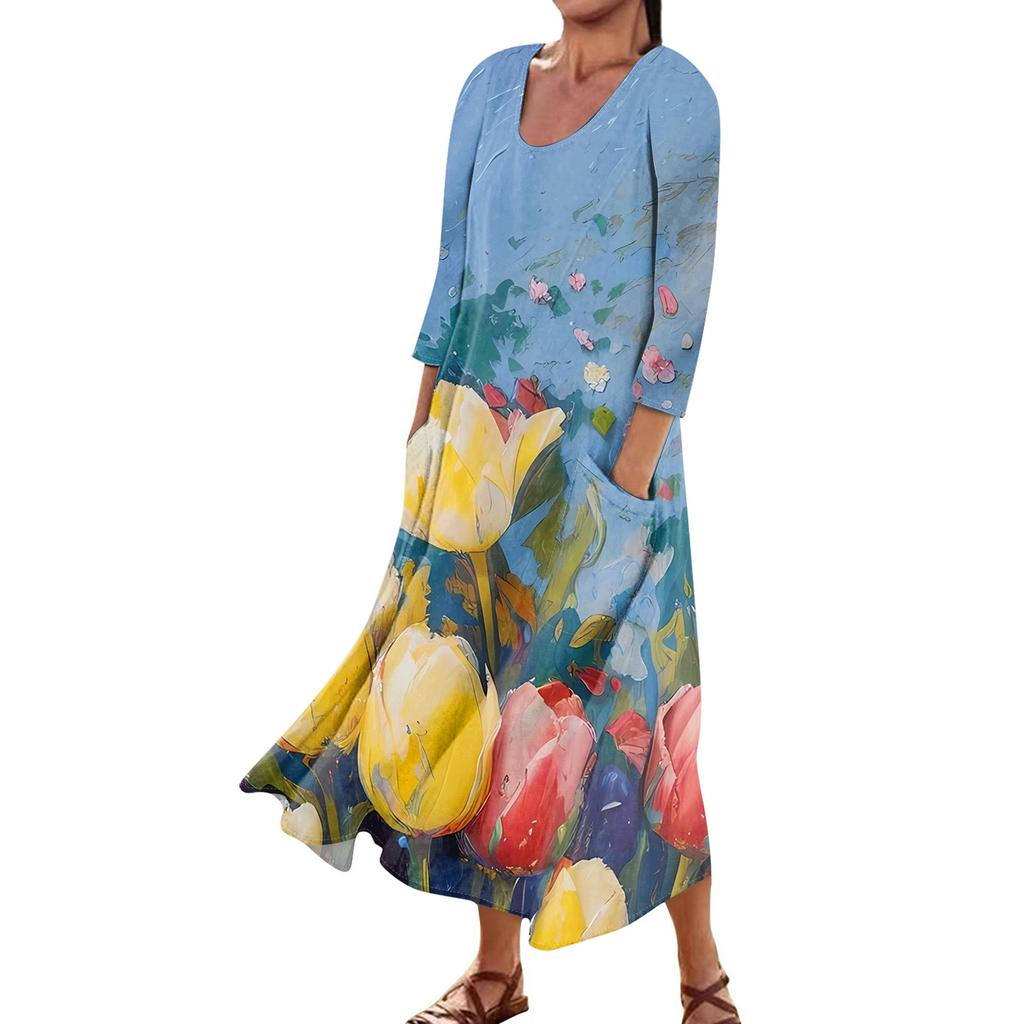 Платье для женщин, весеннее повседневное модное платье в стиле бохо с рукавами 3/4 для праздника, большого размера