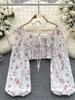 Summer French Style Print Short Blouse Long Sleeves Elastic Beach Top Women Fashion Backless Ruched Floral Blouse Fashion Short Sexy Slim Dress