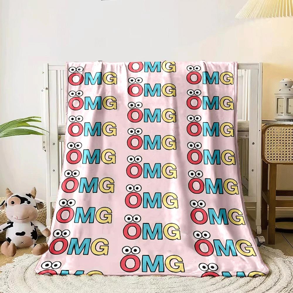Repeating "OMG" with eyes in the "O" on a pink background. for all seasons blanket lunch break throw gift