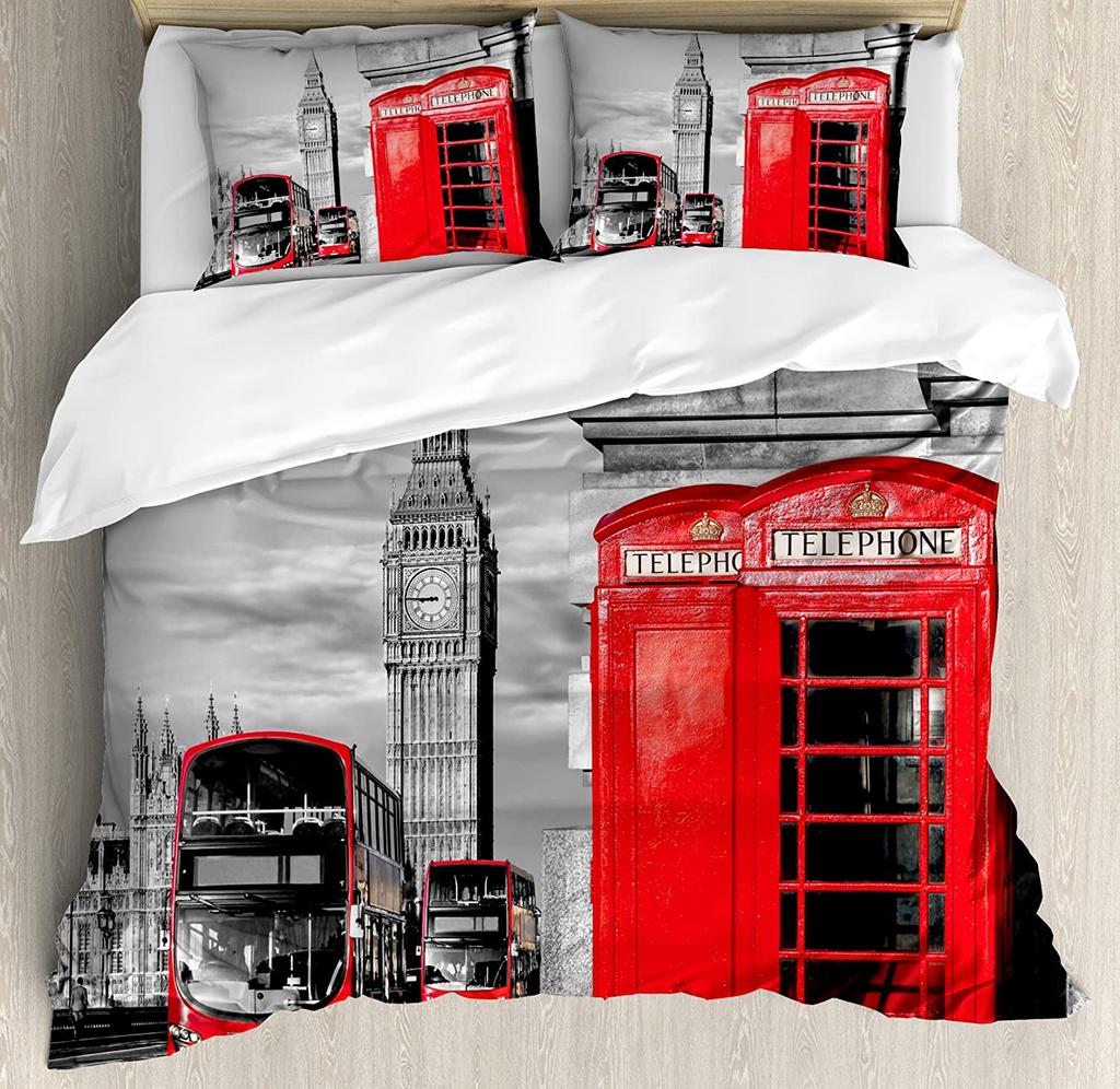 Tea Party Bedding Set For Bedroom Bed Home London Newspaper Inspired Background with Grung Duvet Cover Quilt Cover Pillowcase