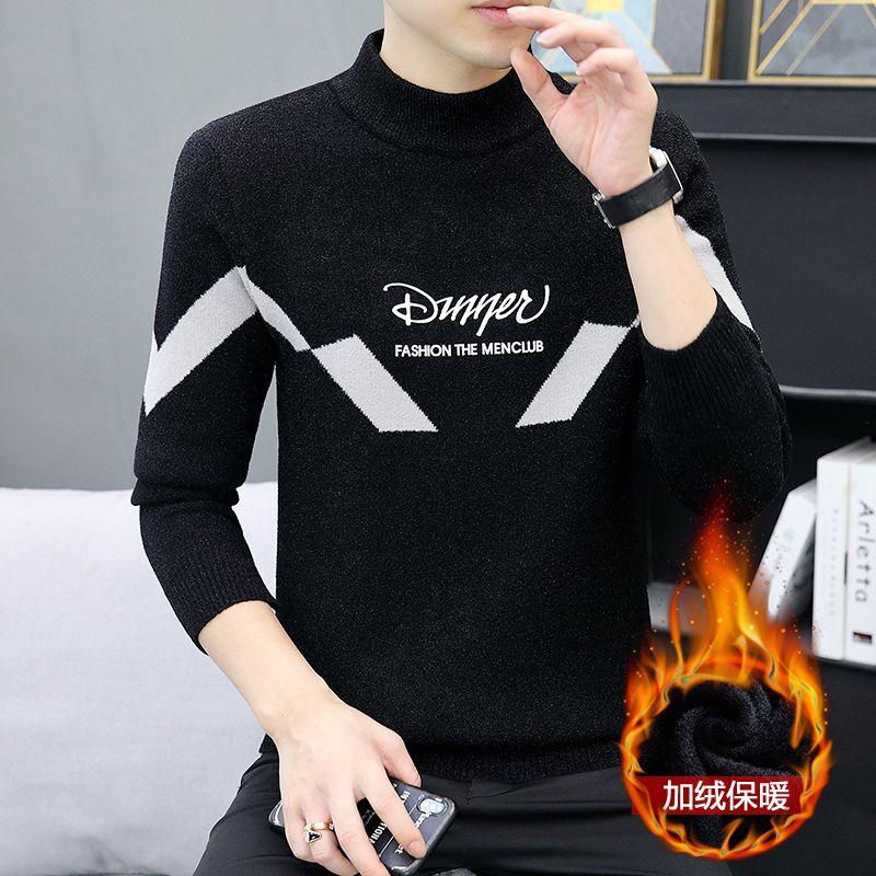 Men's Autumn Winter Turtleneck Flocking Letter Pullover Solid Long Sleeve Sweater Knitted Casual Undershirt Vintage Loose Tops