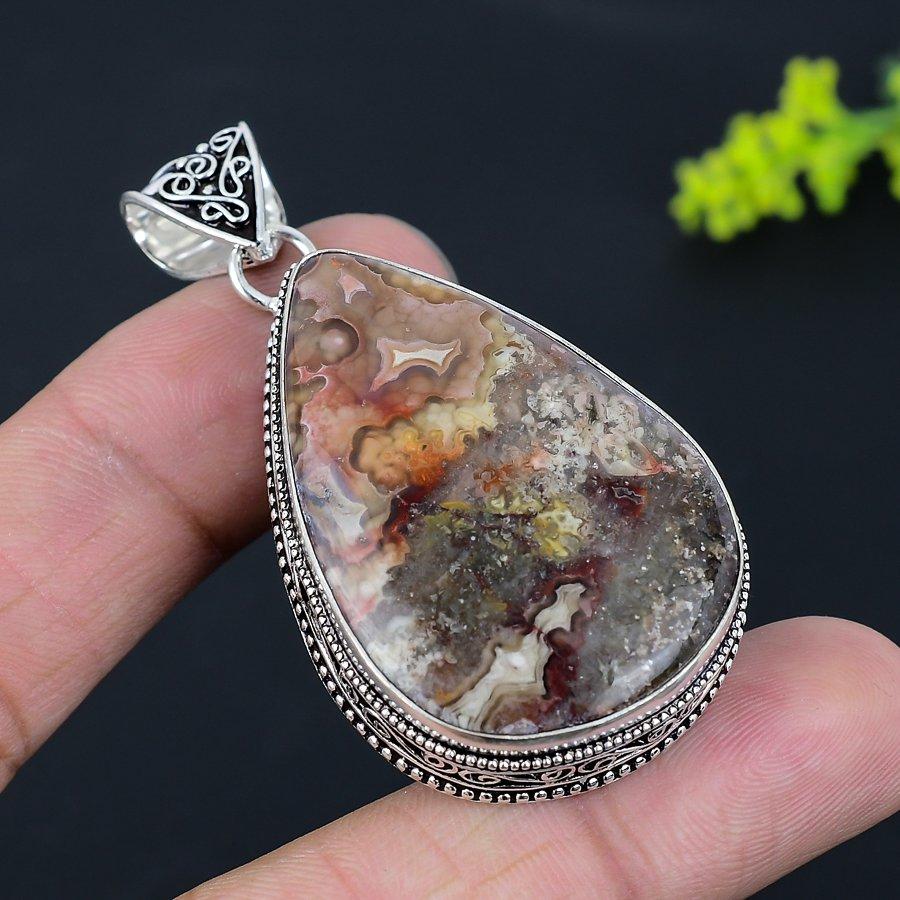 Natural Laguna Lace Agate Gemstone 925 Sterling Silver Pendant 2.36" S2O72