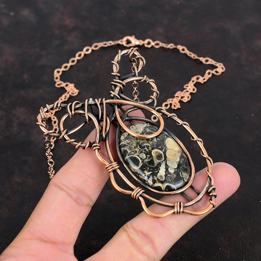 Ожерелье из агата Туррителла, обернутое медной проволокой, регулируемое ожерелье с драгоценным камнем, медные украшения, ожерелье ручной работы, украшения в технике wire wrap, подарки для жены