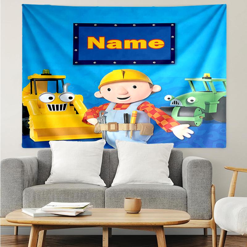 Custom Name Bob the Builder Print Tapestry, Backdrop, Easy Setup, Ideal for Bedroom, Office & Living Room, with Aesthetic Wall Hanging Decor.