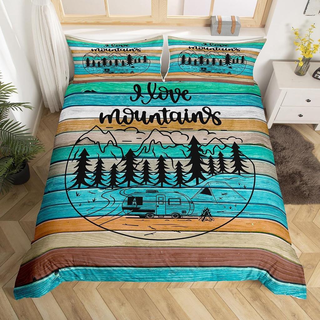 Hand Painted Mountain Decor Duvet Cover Set Queen King Size Happy Camping Kids Bedding For Boys Girls 3 Pcs With 2 Pillowcases