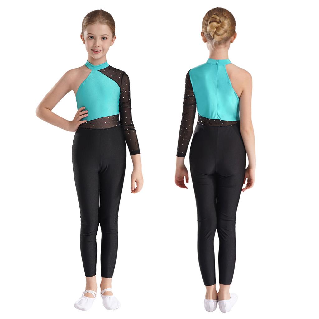 Girls One Mesh Sleeve Full Body Cover Jumpsuits Gymnastics Ballet Modern Dance Uniform Unitard Ice Skating Competition Costume