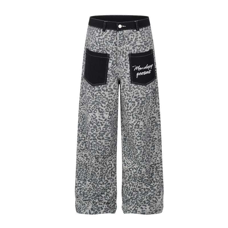 Mens Retro Loose Fit Leopard Print Denim Jeans Straight Leg Wide Cut Casual Pants Teens Adults