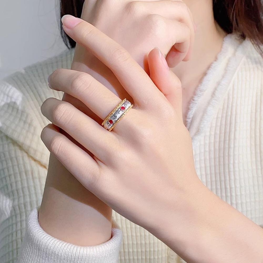 Italian Baroque Open Ring Red Corundum Vintage Elegant Engraved Gold Lace Beaded Edge Women Finger Ring