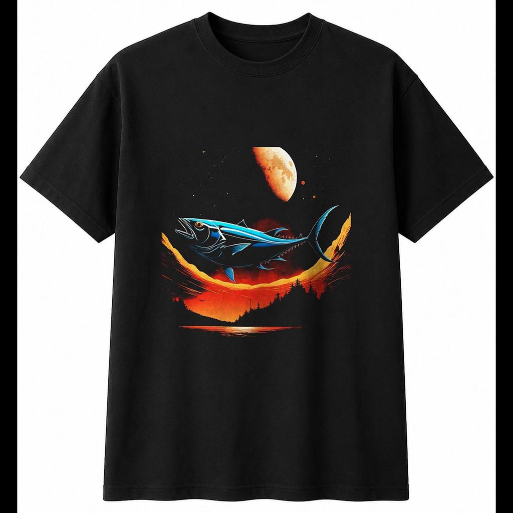Anime Tuna in Moonlight Sea Ocean Mens T-Shirt Black 100% Cotton Nature Printed