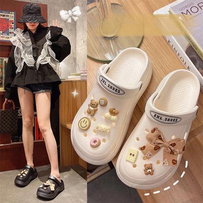 Женские дырчатые туфли для верхней одежды, летние, толстая подошва, увеличенный насос, нескользящие пляжные тапочки с бантом