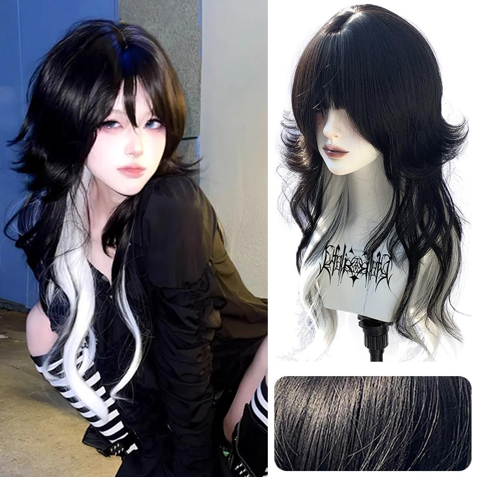 WTB Color Matching Long Curvy Hair Synthetic Paric Женский готический стиль Лолита Черно-белый Длинные вьющиеся волосы Парик для рождественской вечеринки