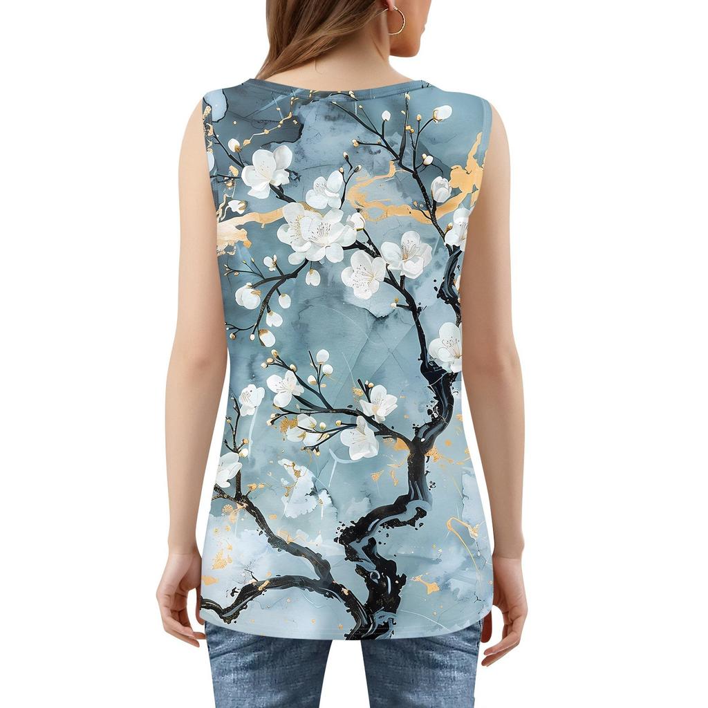 Square Collar Tank Top Women Print Tank Tee Casual Loose Fit Sleeveless Shirt