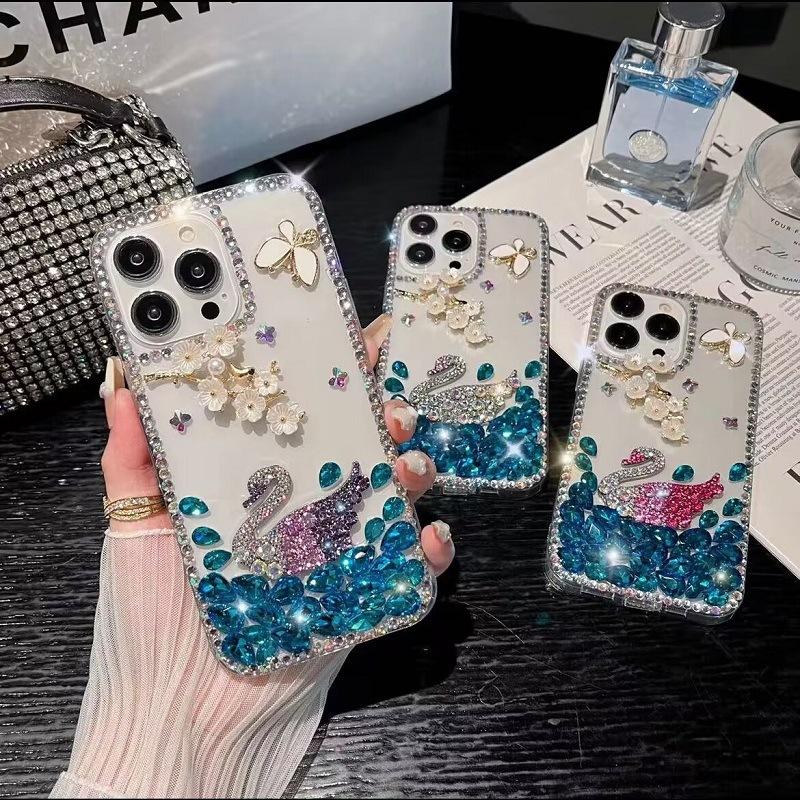 Чехол для мобильного телефона лебедь подходит для samsung S23 S24 роскошный стразы iphone17pro max прозрачный силикон