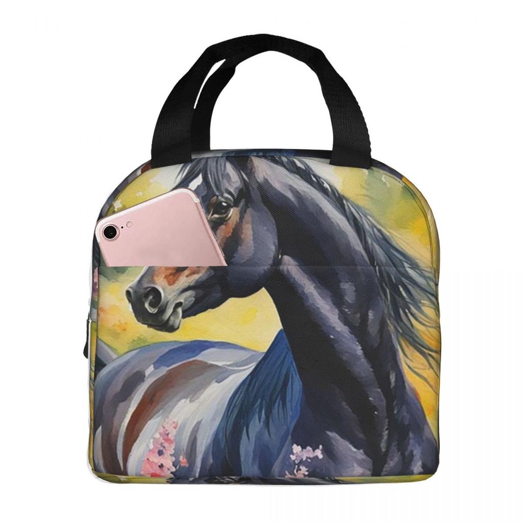 Enchanted Black Horse In Flowers Print Insulated Lunch Bag for Women Children Portable Food Boxes Thermal Lunch Box Tote