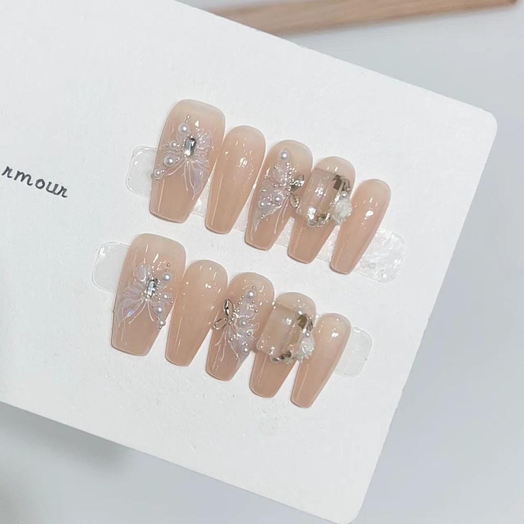 Pure Desire Style Wear Armor High-end Atmosphere Nude Color Butterfly Manicure Finished Product Daily Nail Patch Fake Nail Can Be Detached