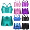 Kids Girls 2 Piece Ballet Active Outfits Shiny Tank Top with Booty Shorts Gymnastics Leotard Dance Gym Workout Clothes