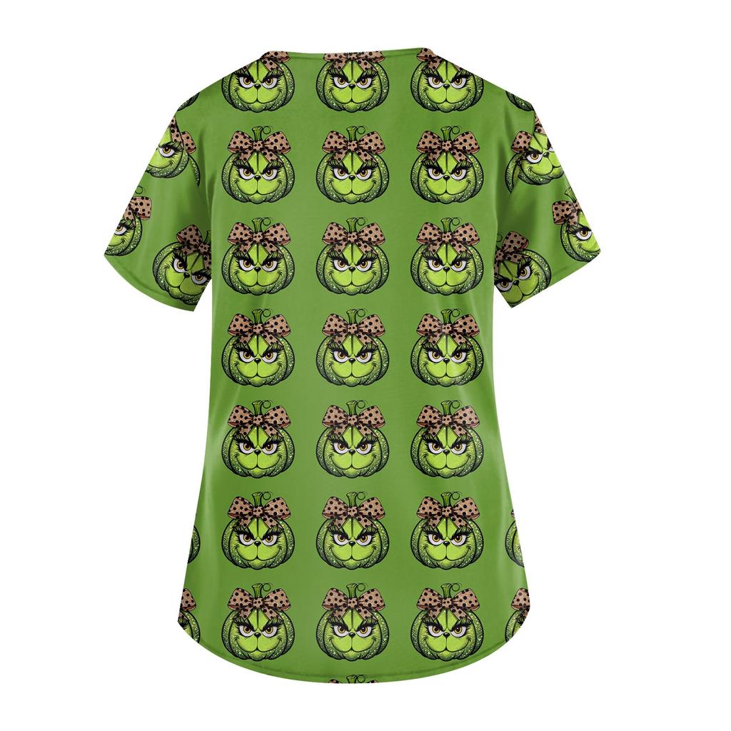 Women's Cute Printed Work Clothes V-neck Double Layer Pockets Basic Short Sleeve Top Pullover Christmas