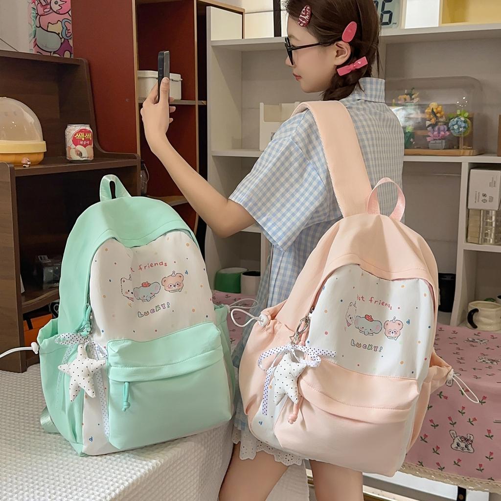 Schoolbag Japanese cute printed backpack color matching nylon versatile junior high school backpack youth campus fashion student schoolbag