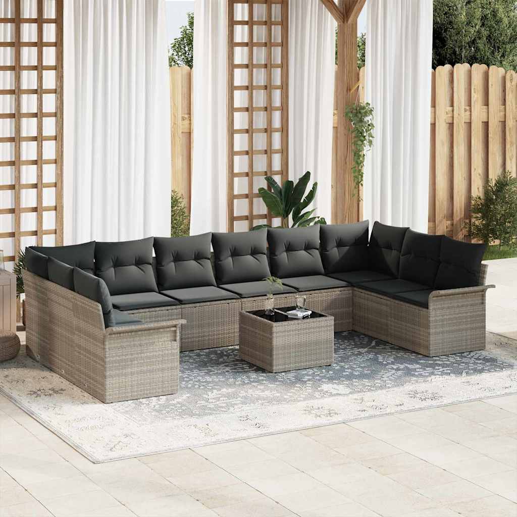 Garden Sofa Set with Cushions and Storage 11 pcs Grey Poly Rattan