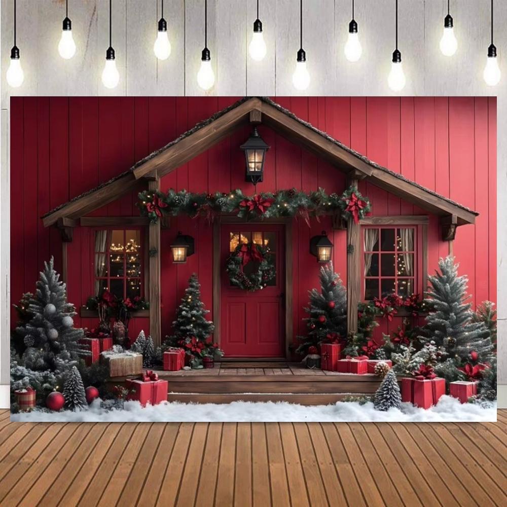 Merry Christmas Red Green Door Window Indoor Photography Background Wreath Gifts XmasTree Family Party Decor Photo Backdrop prop5
