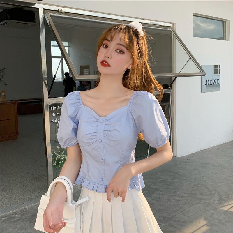 WTEMPO Брендовые летние милые дизайнерские нишевые французские винтажные рубашки с квадратным воротником и короткими рукавами-пузырьками, обнажающие ключицу, тонкие и тонкие топы