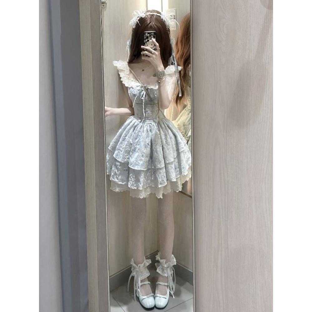 Чистое желание милая пряная девушка талия цветочное платье девичий дизайн кружево маленький рукав-фонарик принцесса пышное тортовое короткое платье