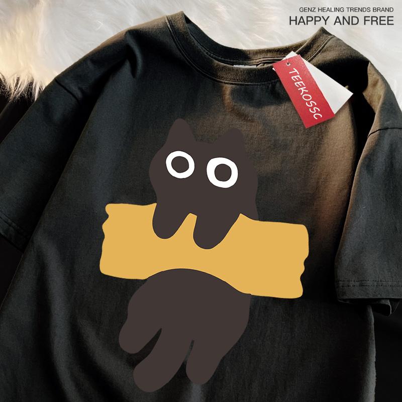 Забавная клейкая лента с принтом кошки в японском стиле, мужские и женские хлопковые футболки оверсайз с коротким рукавом и круглым вырезом, новые топы и футболки
