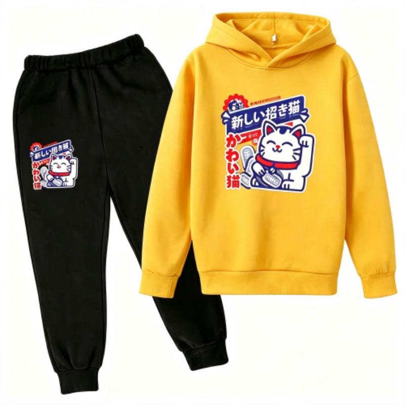 Fashion Cute Anime Cartoon Cat Print Kids Pullovers Pants 2-piece Set Street Casual Fashion Hoodies Vintage Boy's Girl Clothes