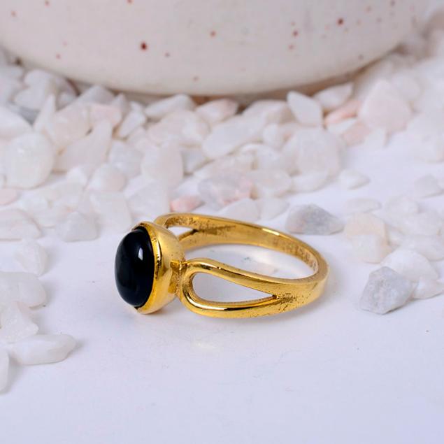 Black Onyx Gold Plated Oval Ring | Minimalist Brass Statement Jewelry for Women | Protection Stone Gift