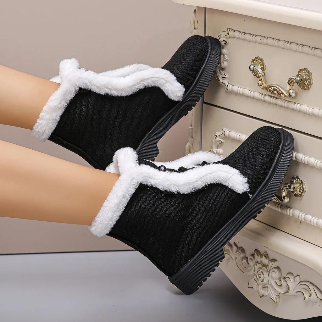 Fashion Autumn and Winter Thick Snow Boots with Velvet New Fashionable Women's Fury Short Style Tie Up Warm Non-slip Winter Boots