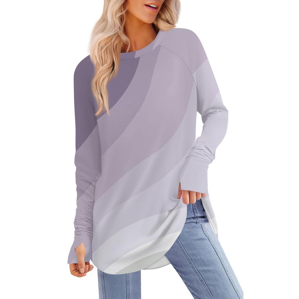 Женская футболка с принтом, круглым вырезом, свободная, с длинным рукавом, средней длины, с отсутствующим большим пальцем