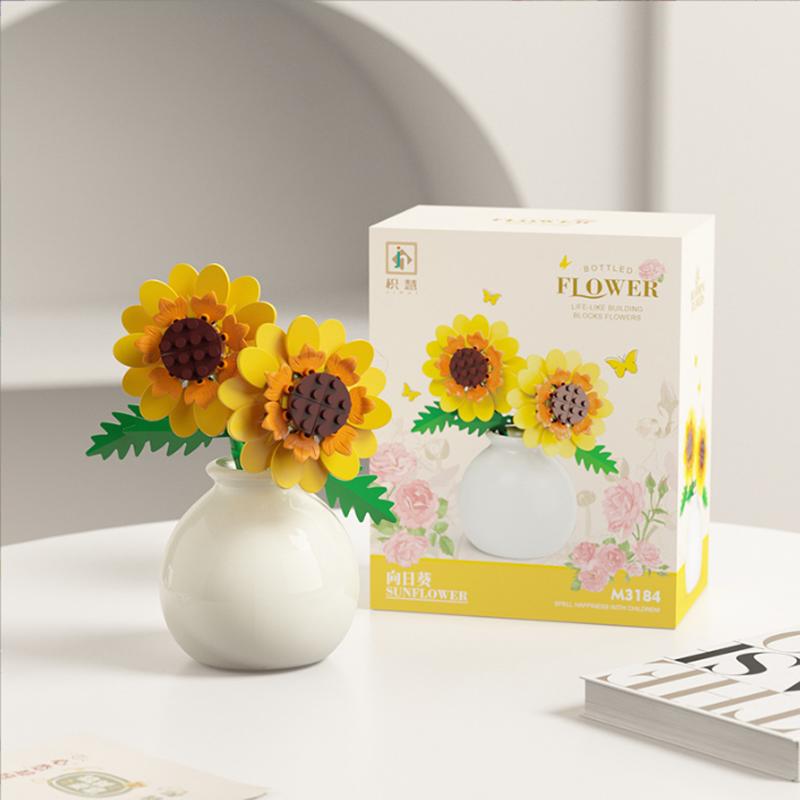 Building Block Pot Plant Bouquet of Flowers, Roses, Lily Building Blocks, Toys with Flower Pots, Cute Living Room Ornaments Gift