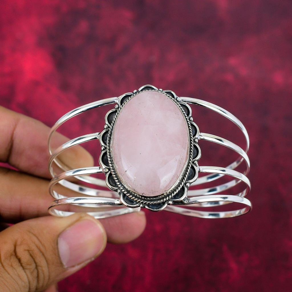 Rose Quartz Handmade Latest Design Jewelry Bangle, 925 Solid Sterling Silver Gemstone Bangle, Gift For Mother