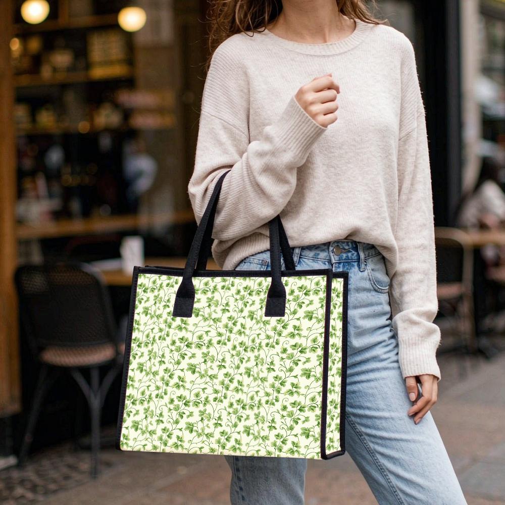 Watercolor Clover Print Canvas Tote Bag Stylish Casual Daily Shopping Carry Bag