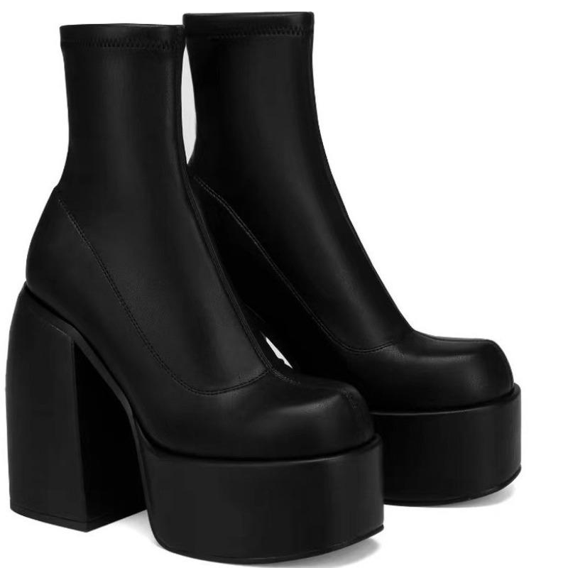 Large Size Women's Leather Boots New Style Square Head Platform High-heeled Women Shoes Black and White Square Heel Short Boot