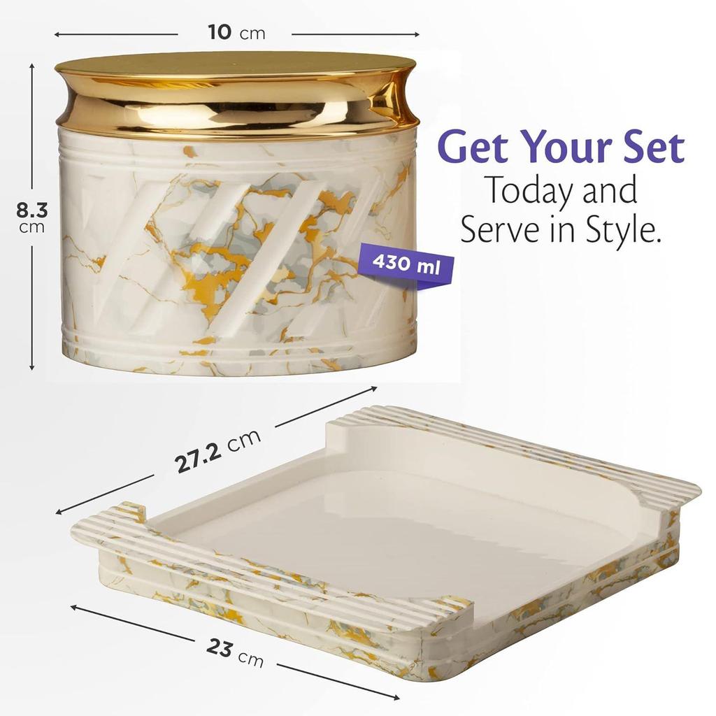 Air Tight Dry Fruit Container Tray Set with Lid & Serving Tray, Snack Serving Bowls with Lid 430ml (4 Pieces, Polypropylene) (Marbello White)