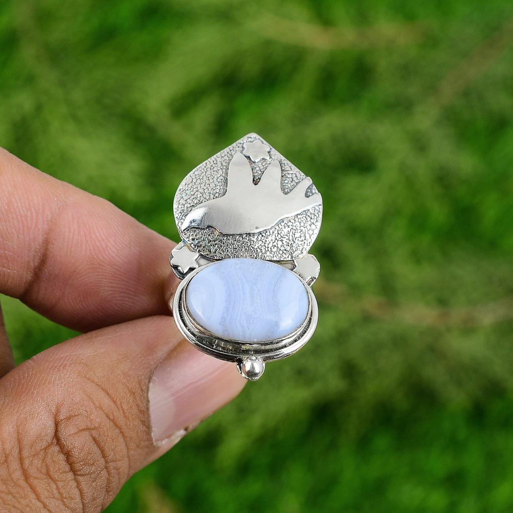 Natural Blue Lace Agate Promise Bird Adjustable Ring 925 Silver For Girls