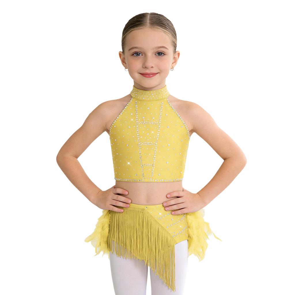 Блестящий костюм для танца с кисточками и перьями для девочек: Укороченный топ-халтер со спинкой на бретельках и юбка с эластичным поясом для сценического выступления