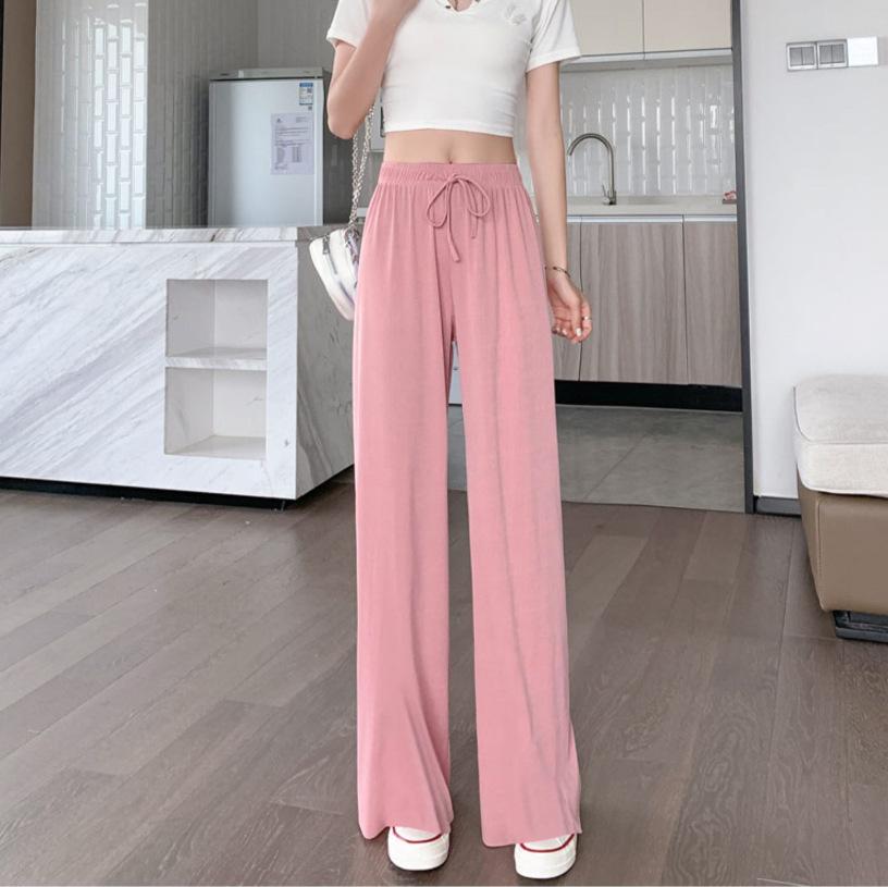 Женские брюки с высокой талией и широкими штанинами из ледяного шелка на завязках - легкие, летние повседневные брюки с защитой от комаров