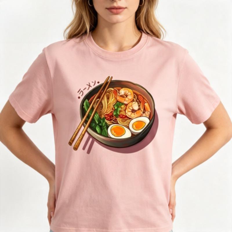 Unisex Cotton Tshirt Noodle Bowl Graphic Tee Aesthetic Food Lover Shrimp Egg Noodles Art Casual Crew Neck Short Sleeve Tops