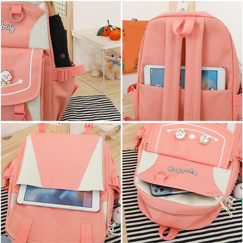 4pcs Cartoon Nylon School Backpack Shoulder Bags Travel Daypacks Bookbag Pencil for Case Purple