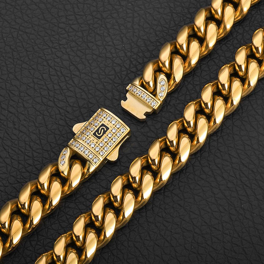 Браслет из нержавеющей стали Майами Кубинский Покрытие 14K Золотом ЧПУ Мужские Украшения Высоко Полированный Цепь 14 мм Роскошный Подарок