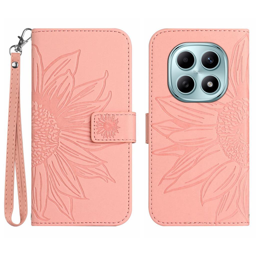 Для Xiaomi Poco M8 5G/Redmi Note 15 5G (Глобальный)/15 4G (Глобальный) Чехол-портмоне из кожи с принтом подсолнухов и ремешком на запястье.