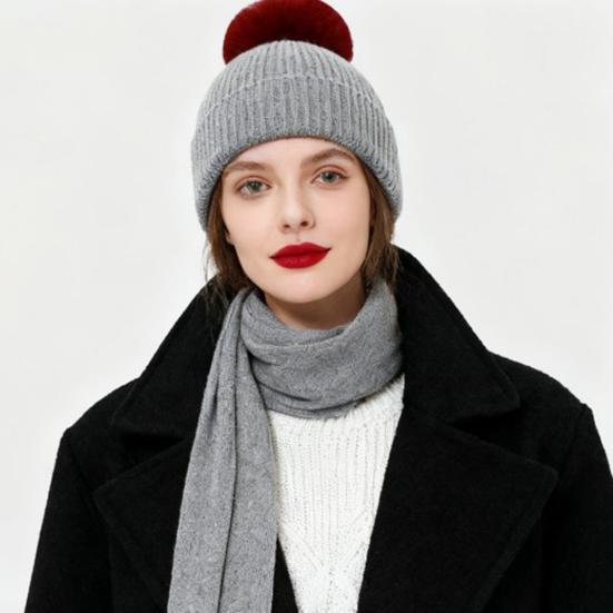 3Pcs/Set Women Winter Hat Scarf Gloves Set Plush Ball Decor Elastic Knitting Hat Long Scarf Touch Screen Gloves Set