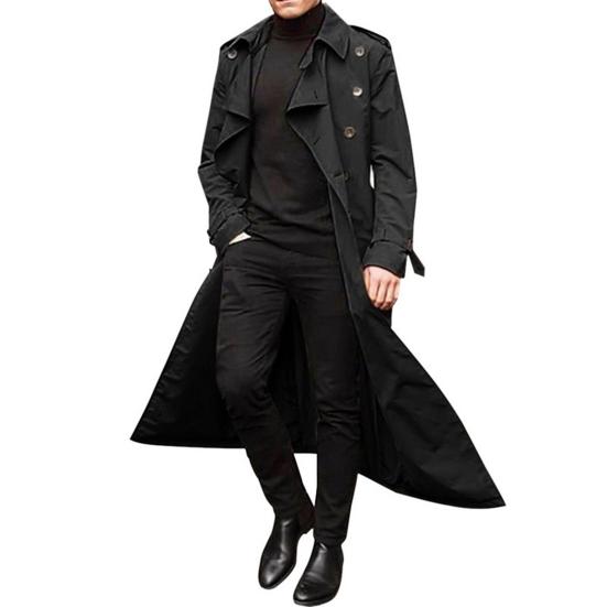 Men Trench Coat Lapel Long Sleeve Solid Color Windbreaker Double Breasted Long Style Outdoor Business Outwear