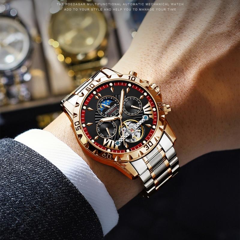 Новый стиль дизайна, импортные механические часы с автоматическим механизмом, мужские часы с шармом и доминированием с фазой солнца и луны, скелетонизированный маховик, мужские часы