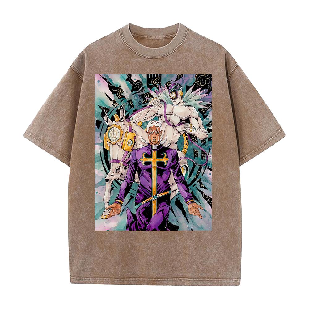 Горячая Аниме JoJo's Bizarre Adventure Made In Heaven Одежда Мужчины Женщины Футболки Хлопковая Футболка с Эффектом Стирки Ретро Футболка Харадзюку Футболка
