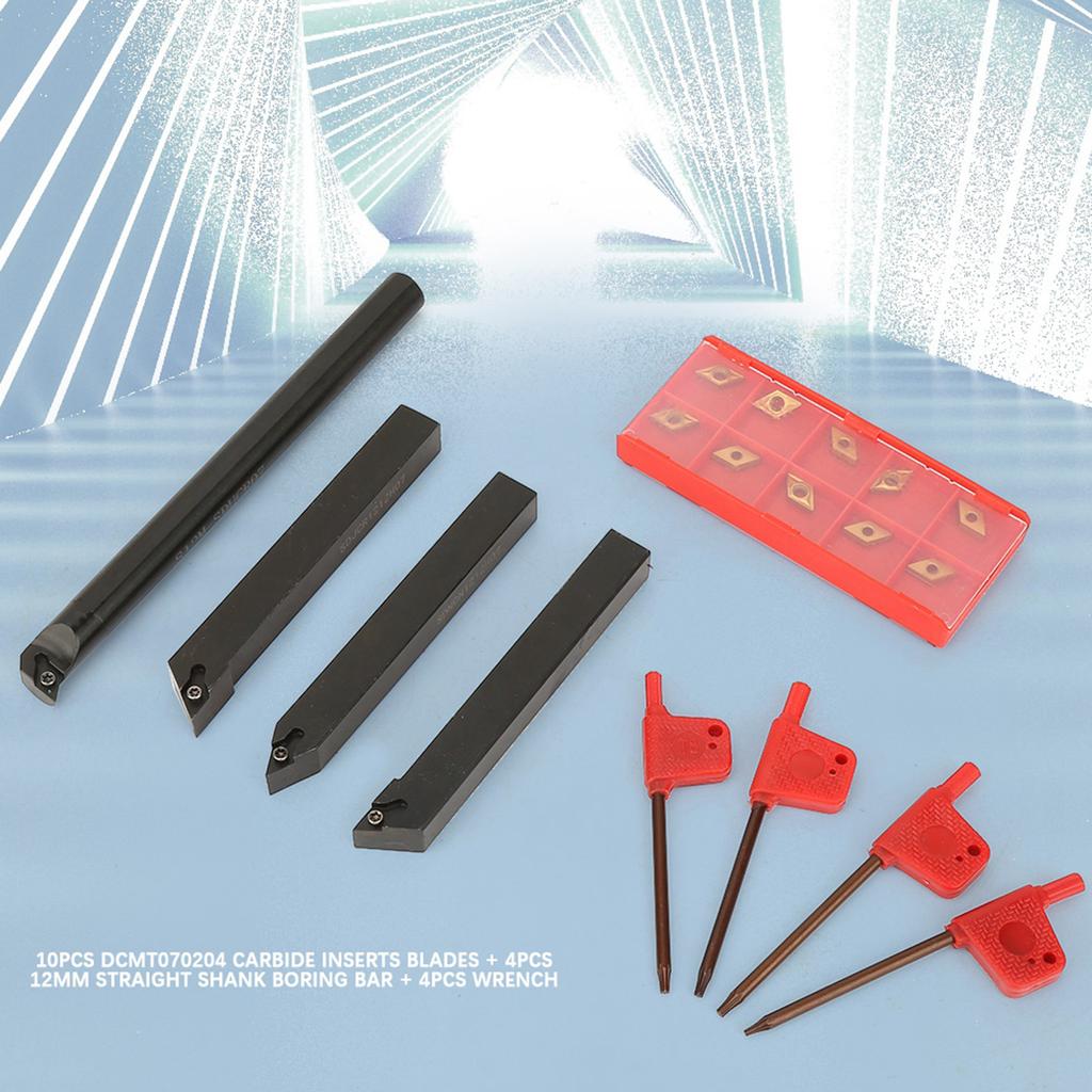 10pcs DCMT070204 Carbide Inserts Blades 4Pcs 12mm Straight Shank Boring Bar 4Pcs Wrench