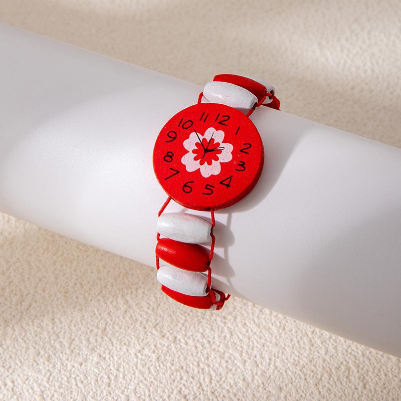 Cute Cartoon Children'S Colorful Bracelet Wood Watch Shape Bracelet Wood Painted Flower Bracelet