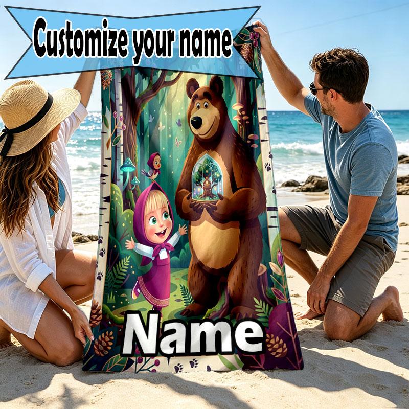 Custom Name Personalized Masha and the Bear Print Beach Towel, for Trip Camping Beach Party Home Decor, Birthday Gift for Family & Friends